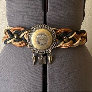 80s tricolor braided nylon rope belt. Bronze tone buckle with three charms. 28”